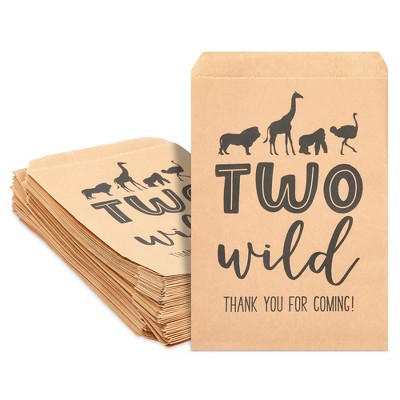 Blue Panda 100 Pack Two Wild Kraft Paper Treat Bags for kids 2nd Birthday, Party Favors Cookie Goodie Gift Bags for Decorations, 5 x 7.5 in