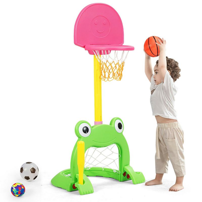 Costway 3-in-1 Kids Basketball Hoop Set Adjustable Sports Activity Center w/Balls Green and Pink, 1 of 11