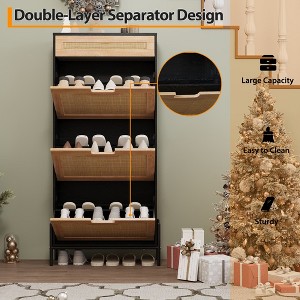 Natural Rattan 3 Flip Drawers Shoe Cabinet with 1 Pull-Out Drawer, Narrow Shoe Storage Cabinet with 3-Tier Adjustable Shelves, Freestanding Shoe Rack - 1 of 4