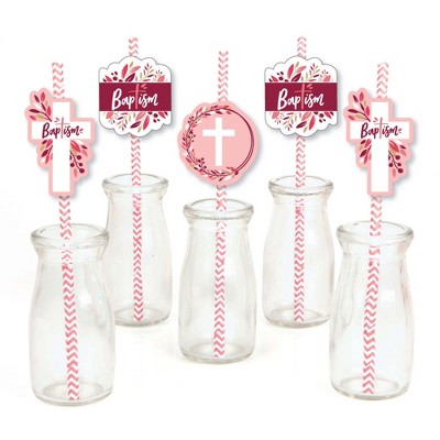Big Dot of Happiness Baptism Pink Elegant Cross - Paper Straw Decor - Girl Religious Party Striped Decorative Straws - Set of 24