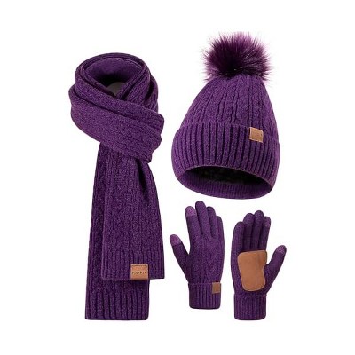 Fisfet Winter Beanie Hat Scarf Gloves Set for Women, Pom Pom Beanie Fleece Lined Knit Neck Warmer Touchscreen Gloves 3 in 1 Gift Set