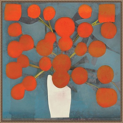 Abstract Orange Flowers on Blue Canvas with Bronze Frame