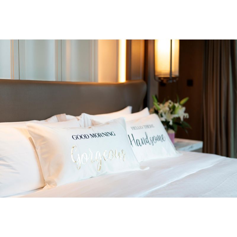 Set of 2 Standard Pillowcases "Good Morning Gorgeous/ Hello There Handsome"  - White - Shiraleah, 2 of 4