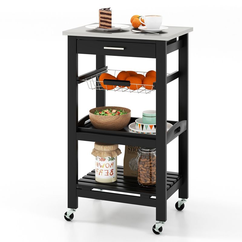 Costway Compact Kitchen Island Cart Rolling Service Trolley with Stainless Steel Top Basket, 1 of 11