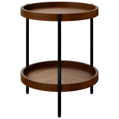 Costway 2-tier Round Side End Table Storage Shelf Rubber Wood Accent Nightstand Walnut
