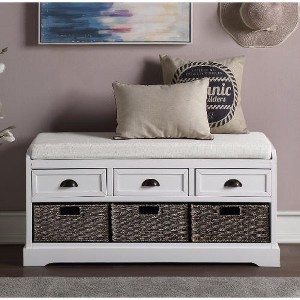 Lyngins Wood Storage Bench with 3 Drawers & 3 Baskets, Fully Assembled Entryway Bench with Cushion, Foot Stool, Organizing Bench for Closet - 1 of 4