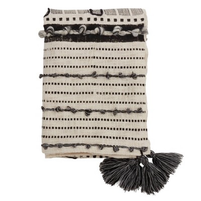 48"x72" Cotton Throw Blanket with Block Print and Embroidered Design Ivory - SARO