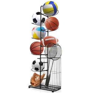 Gymax 7-Tier Ball Organizer Rack Featuring 7 Detachable Hanging Rods Side Basket & Adjustable Feet for Garage Gym Home - 1 of 4