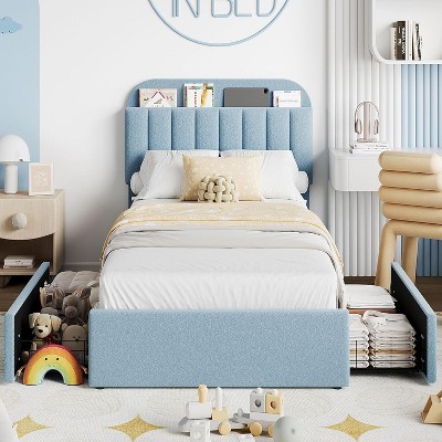 Dobleepy Bouclé Upholstered Platform Bed with Bookcase Headboard and 2 Drawers Queen Twin Twin XL