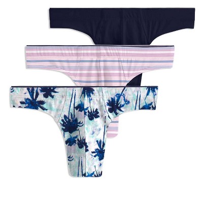 Image of Jockey Men's Casual Cotton Stretch Thong - 3 Pack 2XL Teal Ocean Palms/True Navy/Vacation Stripe