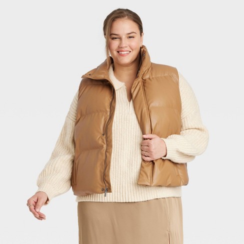 Faux Leather Cropped Puffer Vest, Beige Large