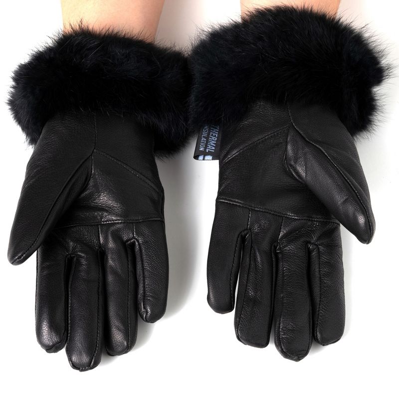 Alpine Swiss Womens Leather Dressy Gloves Faux Fur Trim Cuff Thermal Lining, 4 of 7