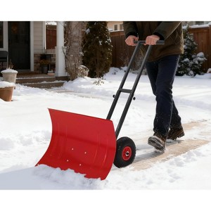 Snow Shovel with Wheels, 29" Snow Pusher Shovel for Driveway, Sidewalk, Yard, Adjustable Angle Height, High Blade Design - 1 of 4