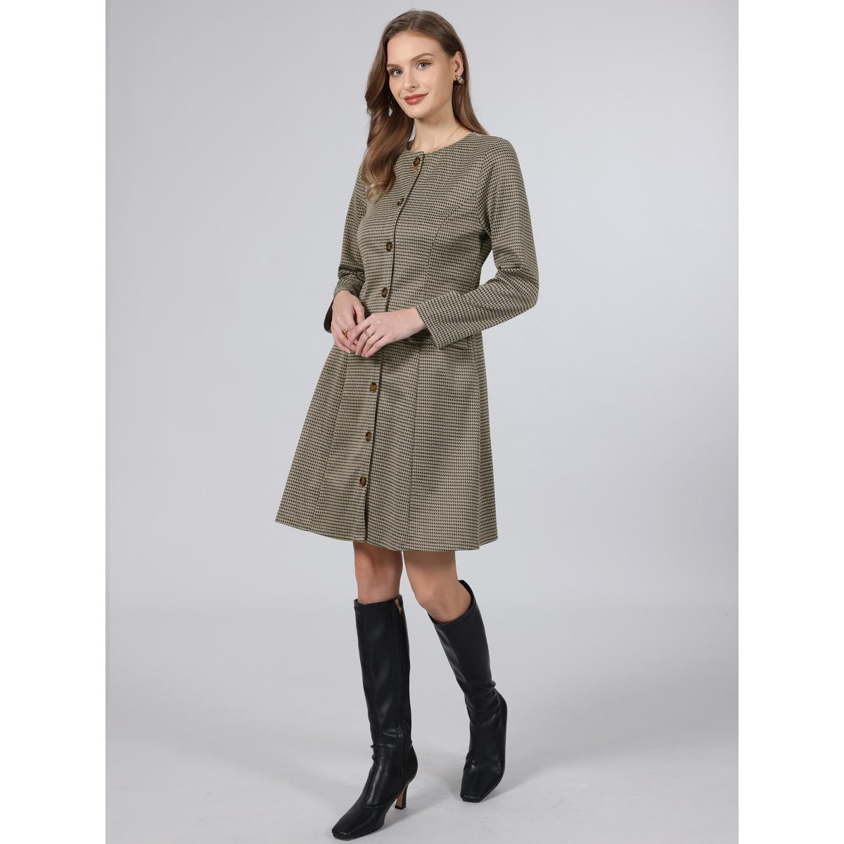 Женские платья INSPIRE CHIC Women's Houndstooth Plaid Long Sleeve Vintage Trendy Button Down A-Line Dresses Medium Brown — фото 3