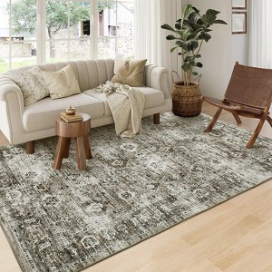 Area Rug, Home Decor Washable Vintage Distressed Floral Rug - Non-Slip Ultra-Thin (0.2in) Stain Resistant Carpet - 1 of 4