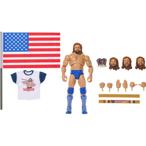 WWE Ultimate Legends Figura de acción Hacksaw Jim Duggan y set de accesorios, superestrella coleccionable de 6 pulgadas