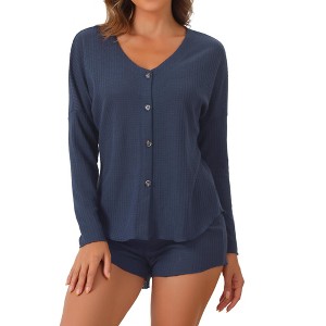 cheibear Women's Waffle Knit Button-Up Long Sleeve Top and Shorts Pajama Set - 1 of 4
