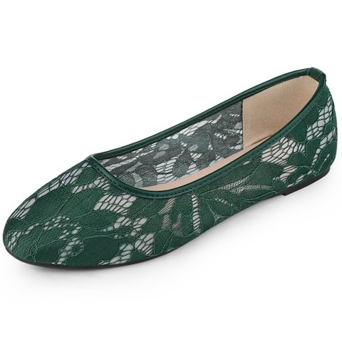 Обувь Allegra K Women's Mesh Floral Lace Round Toe Slip on Ballet Flats 10 Olive Green