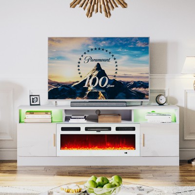 AOXUN Fireplace TV Stand with 36" Electric Fireplace, 70" Fireplace Entertainment Center LED Lights, 2 Tier TV Console for TVs Up to 80", White