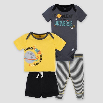 Gerber Baby 4pc Space Top and Bottom Set - Yellow/Gray/Black 0-3M