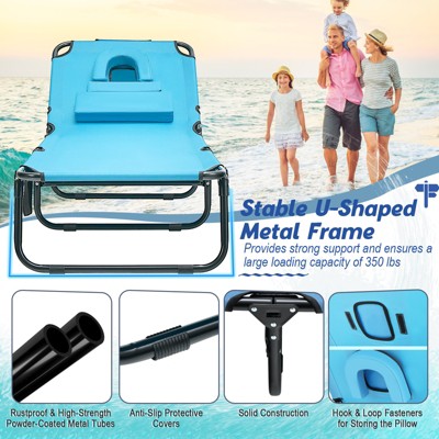 Navy Adjustable Metal Frame Beach Chaise Lounge Chairs with Face Hole Pillows