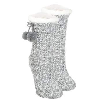 Elanze Designs Grey Gold Glitter Knit Pom Pom Womens One Size Plush Lined Non Skid Indoor Slipper Socks