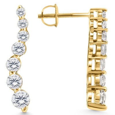 Pompeii3 1Ct Natural Diamond Journey Earrings 7-Stone 14k Gold 1" Tall Screw Back Studs