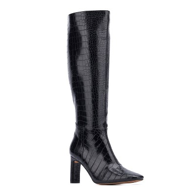 New York & Company Women's Isabelle- Croc Embossed Knee-High Boots - 6.5, BLACK CROC