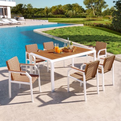 7-Piece Brown Patio Dining Set,Outdoor Acacia Wood Table and 6 PE Rattan Wicker Chairs,Two-Tone Weave,For Backyard and Garden–Maison Boucle