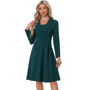 INSPIRE CHIC Women's Elegant Office Square Neck Long Sleeve Pleated A-line Dress - 1 of 4