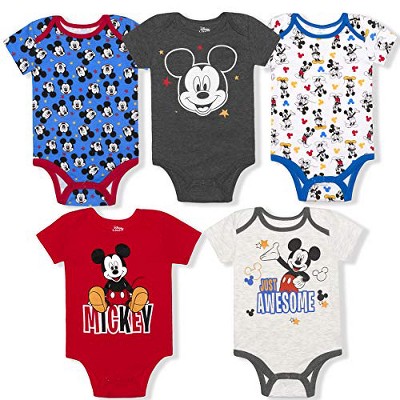 Disney Baby Boy's Mickey Mouse 5 Piece Bodysuit, Graphic Printed Baby Creepers Set - Blue, Gray, White, Red / Size 6-9M