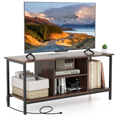 Tangkula TV Console Table w/ Power Outlets 50" Industrial TV Stand w/ Open Shelves & Compartments