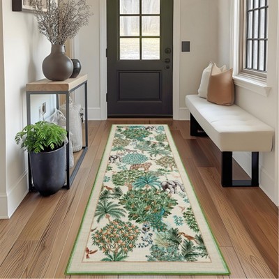 Washable Floral Animal Jungle Rug Non Slip Low Pile Rug Soft Throw Floor Cover Foldable Indoor Carpet for Living Room Bedroom Playroom Nursery