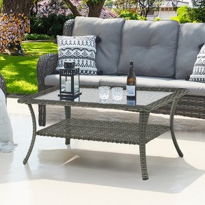 POCASSY Wicker Outdoor Coffee Table, Patio Furniture Rectangular Tempered Glass Top Coffee Table with 2-Lyer Storage - 1 of 4
