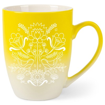 Elanze Designs Damask Threaded Floral Birds Two Toned Ombre Matte Yellow and White 12 ounce Ceramic Stoneware Coffee Cup Mug