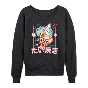 Women's - Instant Message - Taiyaki Frog Lightweight French Terry Wide Neck Long Sleeve Graphic Shirt - 1 of 4