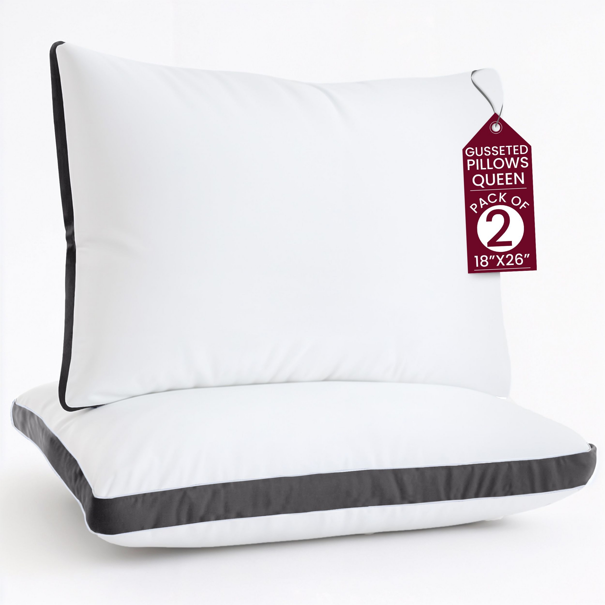 Lux Decor Pack of 2 Support Pillows Microfiber Bed Pillows with Gusseted Edges Hypoallergenic Pillow Pair for All Sleep Positions - Queen, Grey