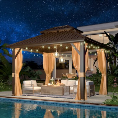 10' x 12' Brown Metal Hardtop Gazebo with Curtains and Nettings