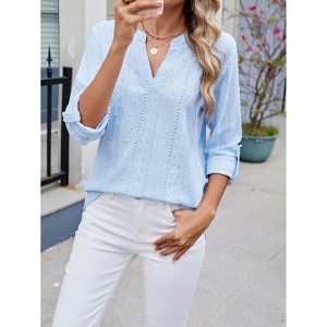 Women's V-Neck Top Casual 3/4 Sleeve Casual Blouse Breathable Openwork Pullover Shirt - 1 of 4