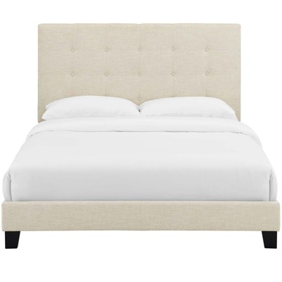 Elegant Cream Full Platform Bed with Tufted Velvet Upholstery