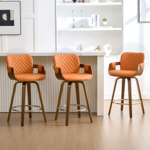 Bekrvio 26" Swivel Counter Stools with Back & Arms, Faux Leather Mid-Century Bar Stools for Kitchen Island, Walnut Frame, Set of 1/2/3/4 - 1 of 4
