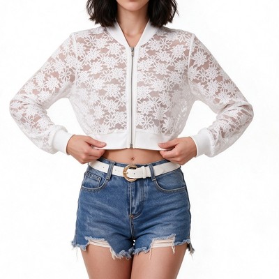 Женские куртки YesFashion Women's Lace Sheer Long Sleeve Zip-Up Cropped Bomber Jacket Trendy Casual Summer Layered Outerwear Lightweight Shirt White XL — фото 2