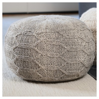 Handwoven Gray Wool Round Pouf Ottoman