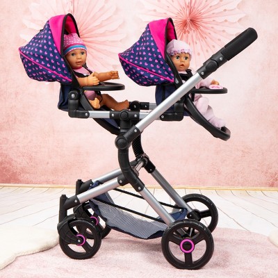 Blue and Pink Twin Doll Pram with Unicorn Design, 18 Inch