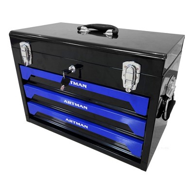VYNXARIA 20" Portable 3-Drawer Steel Toolbox with Top Tray & Metal Latches-Multi-Function Tool Storage for Garage,Home,or Workbench,Black&Blue