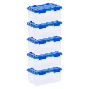 IRIS USA 30 Quart WEATHERPRO Plastic Storage Box with Durable Lid and Seal  and Secure Latching Buckles, Clear With Blue Buckles, Weathertight, 3 Pack