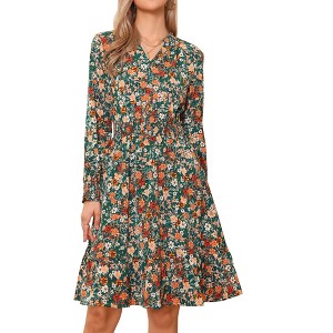 INSPIRE CHIC Women's V Neck Floral Smocked High Waist Long Sleeve Ruffle A Line Knee Length Dresses - 1 of 4