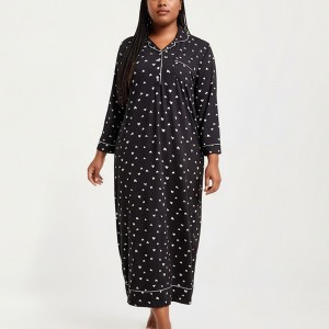 Anna-Kaci Lounge Women's Heart Print Long Sleeve Maxi Nightgown with Soft Stretch Fabric, Classic Piped Collar Detail - 1 of 4