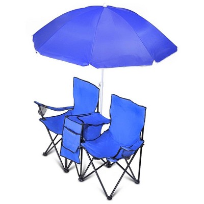 Blue Double Folding Camping Chair with Umbrella and Cooler