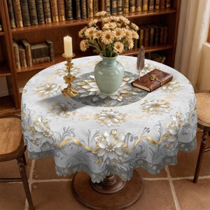 LOVEVOOK Washable Round Flower Tablecloth, Rectangle Floral Table Cover for Party Picnic Dinner Christmas Decor Indoor and Outdoor - 1 of 4
